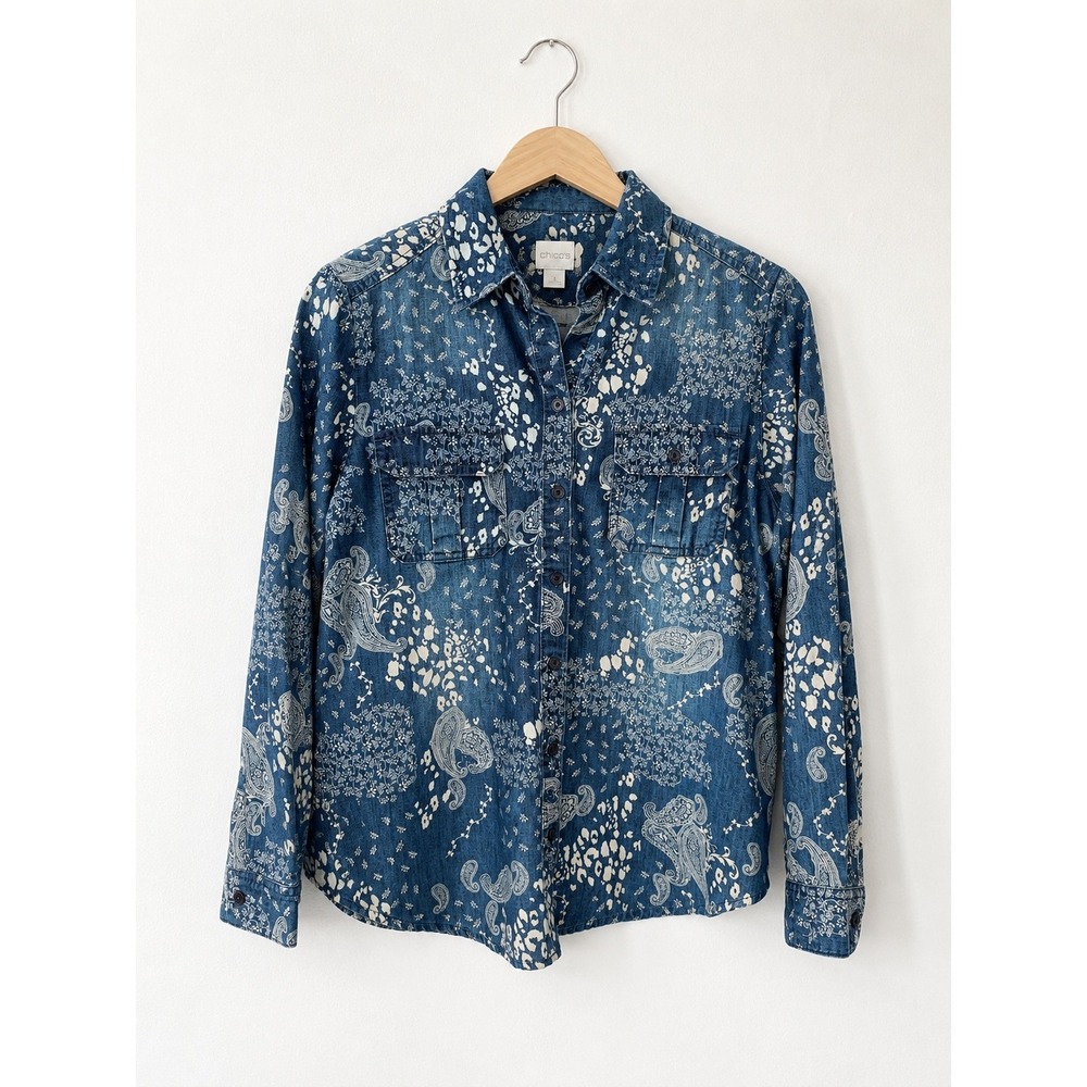 Chicos NWT Paisley Denim Daisy Top Indigo Wash Button Down Shirt Size 1 (Med 8)